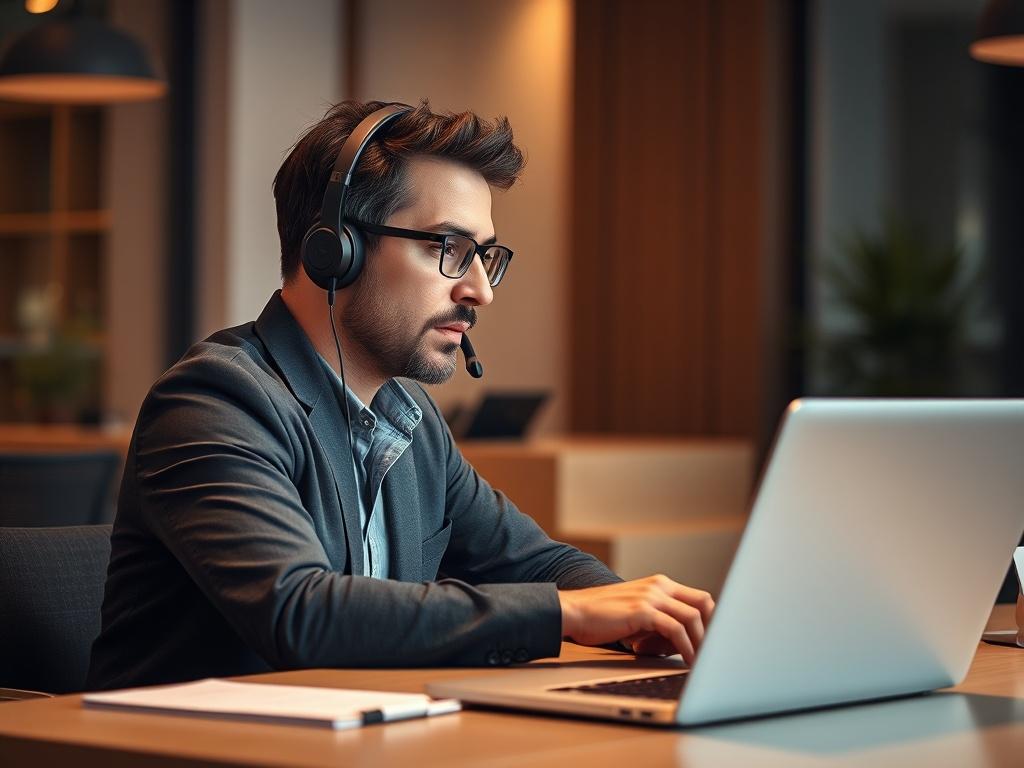 A detailed and realistic close-up shot of a professional consultation call in progress. The image should capture a focused individual sitting at a modern desk, speaking into a headset, with a laptop open in front of them displaying a digital interface. The background should be softly blurred to emphasize the person, creating a calm and professional atmosphere. The lighting should be warm and inviting, highlighting the individual's engaged expression during the call. The primary color theme should subtly inc