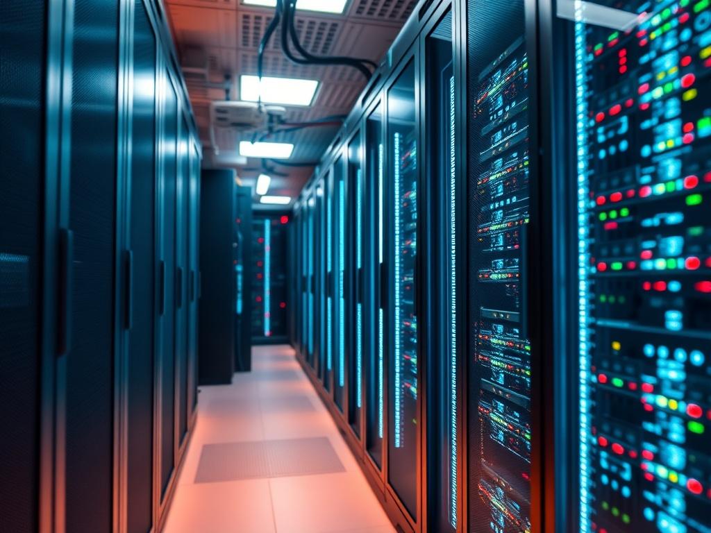 A close-up shot of a modern data center showcasing advanced AI infrastructure. The image should capture a single server rack filled with intricate AI hardware, glowing LED lights, and cooling systems. The background should be slightly blurred to emphasize the server rack, with a warm yet professional lighting that highlights the technology. The overall color palette should harmonize with the rgb(50, 170, 39) primary color, creating a vibrant and dynamic atmosphere.