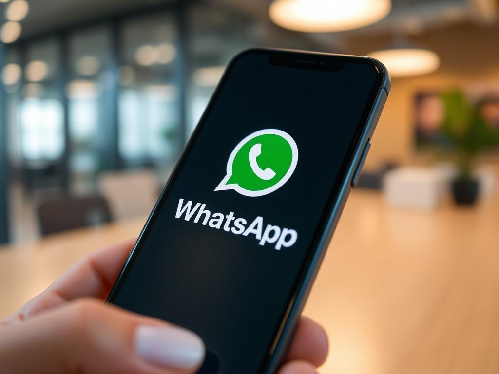 A close-up shot of a smartphone displaying the WhatsApp logo on the screen, with a blurred background of a modern office setting. The focus should be on the phone, showcasing the app interface with lead details visible. The lighting should be bright and inviting, emphasizing the technology aspect. The overall composition should be clean and professional.