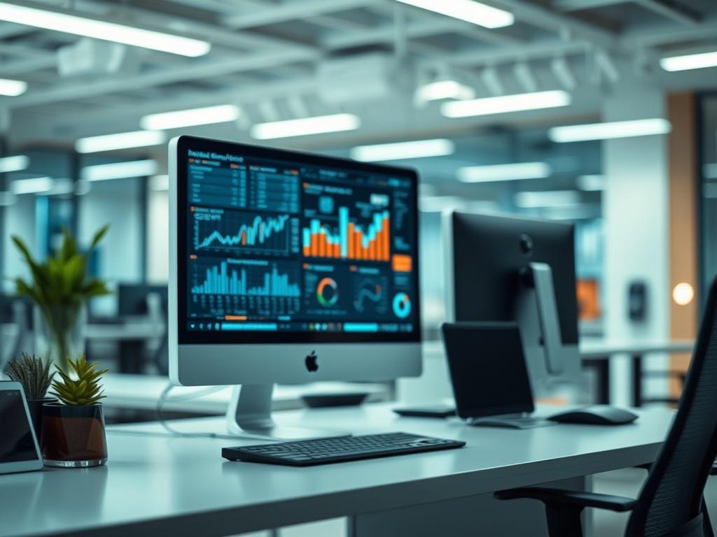 A realistic high-resolution photo of a modern office space featuring a sleek computer workstation with advanced technology and infrastructure upgrades. The scene should show a close-up of a high-tech computer screen displaying data analytics, with a clean and organized desk in the foreground. The background should feature subtle elements of an upgraded office environment, like modern lighting and ergonomic furniture. The overall composition should be simple and clear, emphasizing the advanced technology in 