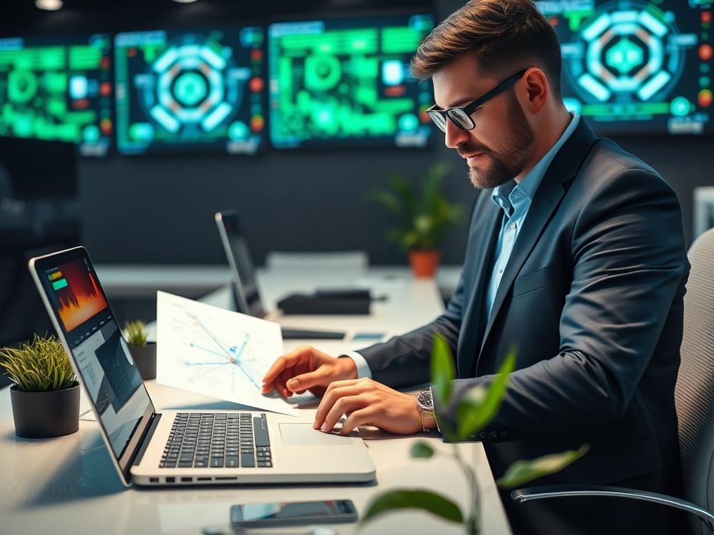 A close-up shot of a professional consultant reviewing AI infrastructure designs on a laptop. The setting is modern and tech-oriented, with a sleek desk and digital displays in the background, emphasizing a high-tech atmosphere. The consultant is focused, showcasing determination and expertise, with greenery subtly integrated into the workspace for a fresh touch.