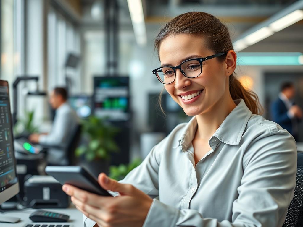 A close-up shot of a satisfied client in a modern office environment, showcasing the impact of smart technology and automation in their workspace. The client is engaged with a smart device, displaying a look of contentment and productivity. The background features sleek technology and automation tools, emphasizing innovation and efficiency. The overall atmosphere is bright and inspiring, with a color palette that includes vibrant greens and sleek metallics.