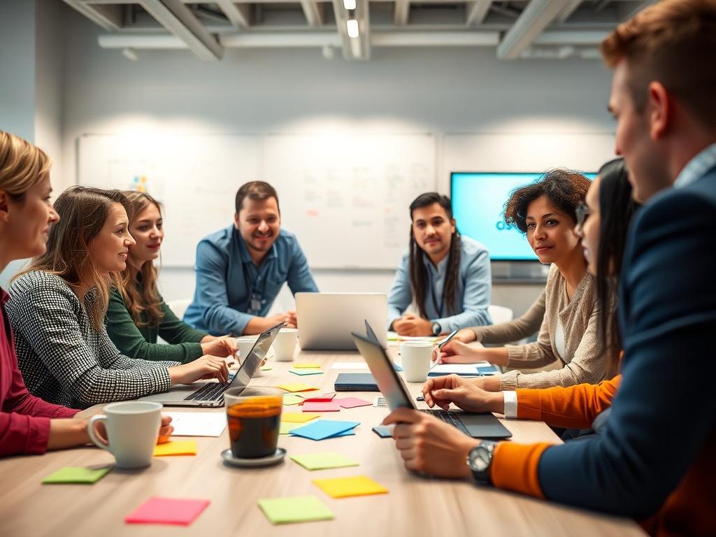 A hyper-realistic close-up photograph of a diverse group of professionals engaged in a brainstorming session. The setting is a modern, well-lit conference room with whiteboards and digital screens in the background. The focus is on a table with colorful sticky notes, laptops, and coffee cups, showcasing active collaboration. The lighting creates a vibrant atmosphere, emphasizing the energy and creativity in the room. The image should be shot with a 45mm f/1.2 lens for a soft background blur, highlighting th