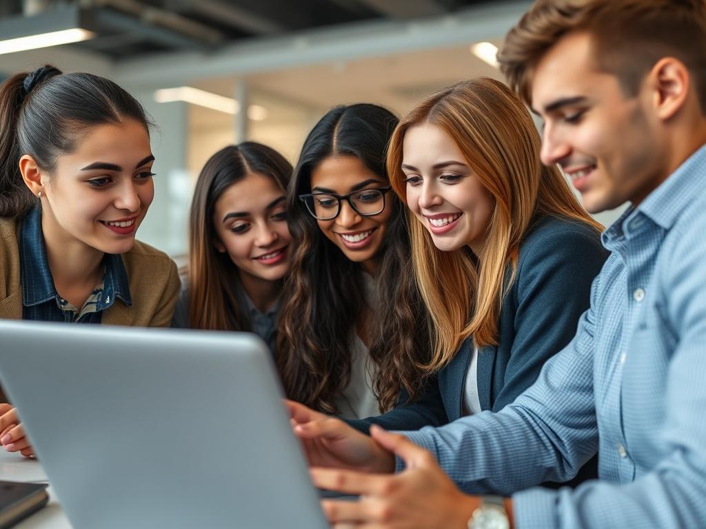 A close-up shot of a young diverse group of students collaborating over a laptop in a modern office setting. The focus is on their engaged expressions as they discuss ideas, with a sleek office environment in the background that conveys a tech-savvy atmosphere. The image should have a clean composition, emphasizing the teamwork and enthusiasm of the internship experience, shot with a 45mm f/1.2 lens style.