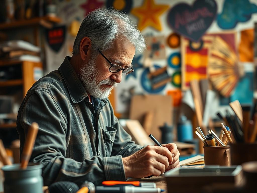 A highly detailed close-up shot of a middle-aged Gen X founder working in an artistic studio. The subject is focused on crafting, with tools and materials scattered around. The background showcases vibrant colors and textures reflecting creativity. The lighting is warm and inviting, emphasizing the dedication and passion of the founder. The overall composition is simple and clear, highlighting the subject as the main focus.