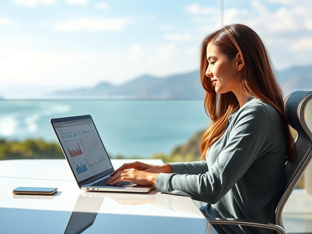 **AI Image Generation Prompt:**

Create a realistic high-resolution photo that embodies the essence of transitioning from Traditional Multi-Level Marketing (MLM) to the KnW Startup Factory Program (SFP) Marketing and Digital Nomad Marketing. The composition should be simple and clear, featuring a solitary subject that represents innovation and digital independence—a young woman sitting at a sleek, modern workspace that overlooks a scenic outdoor landscape, such as a beach or mountain view, highlighting the 