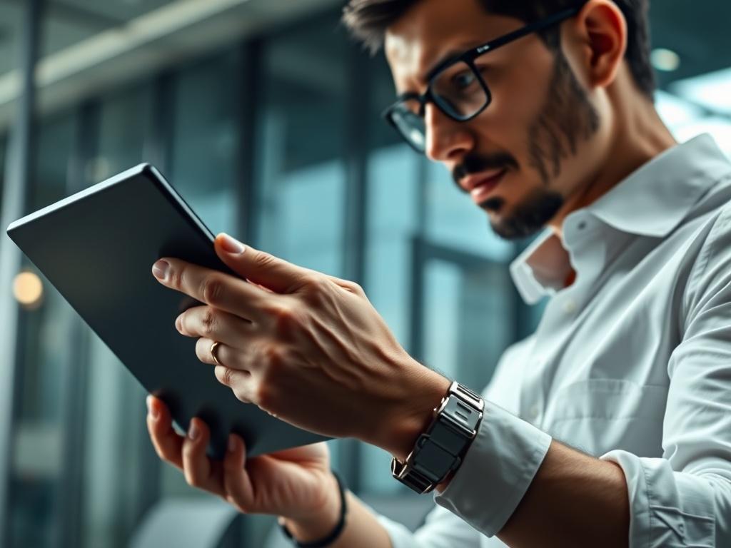 A hyper-realistic close-up of a business consultant engaging with a digital transformation model on a sleek tablet. The consultant is focused and confident, showcasing a modern office background with soft lighting. The tablet's screen displays graphs and analytics, emphasizing innovation and technology. The composition should be clear and simple, capturing the essence of consulting and digital transformation in a professional environment.