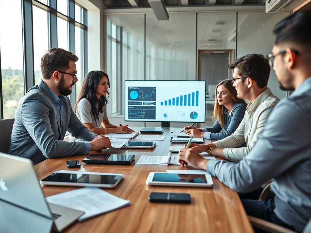 A close-up shot of a diverse team of technology consultants engaged in a brainstorming session. They are seated around a modern conference table with digital devices and documents spread out. The focus is on a consultant pointing at a digital screen displaying graphs and data, while others take notes. The background features a bright, stylish office with large windows, allowing natural light to illuminate the scene. The image should convey collaboration, expertise, and innovation in technology consulting.