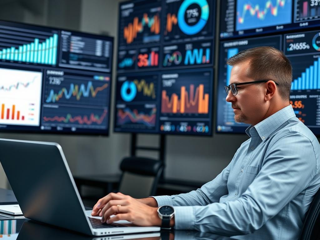 A consultant reviewing performance data on a laptop with a client, surrounded by charts and metrics displayed on screens, depicting analysis and improvement.
