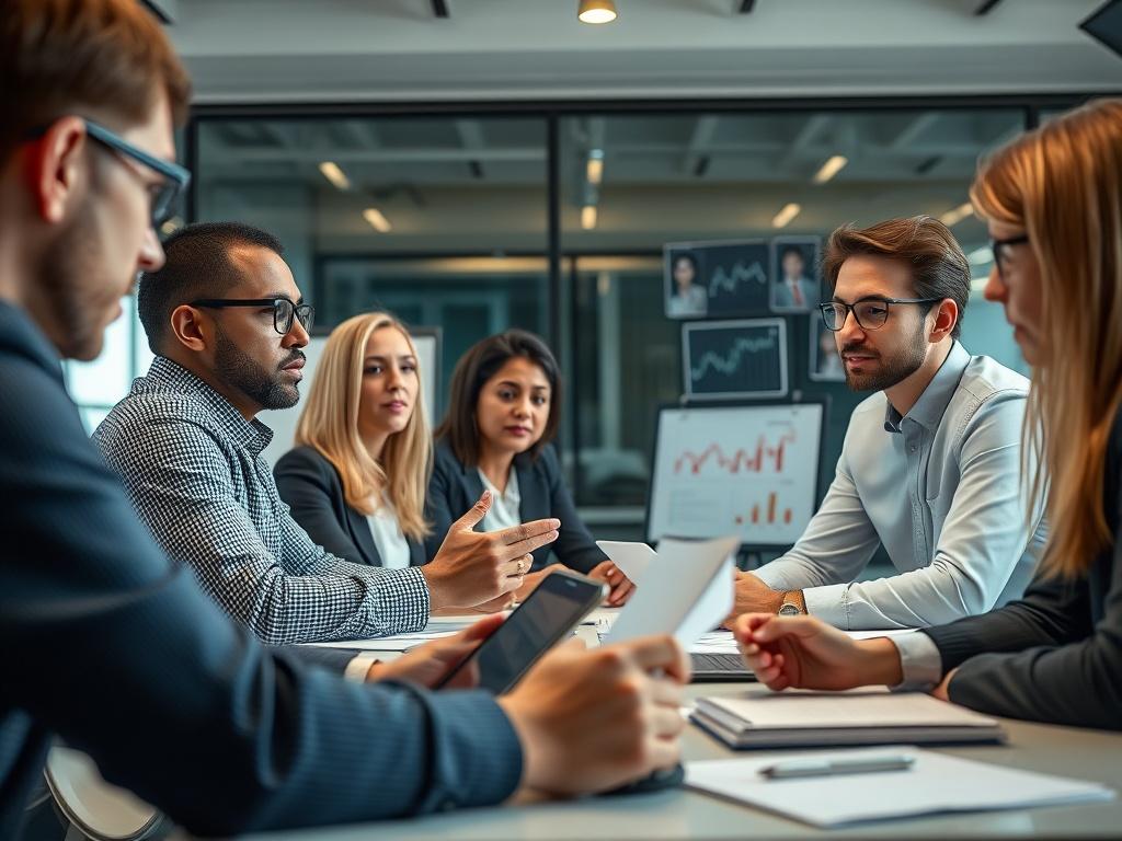 A focused business meeting in a modern office, showing a diverse group of professionals engaged in discussion, with digital devices and charts in the background, emphasizing collaboration and innovation.