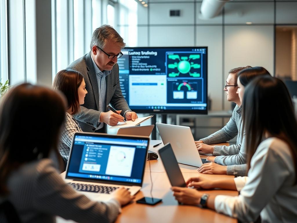 A technology consultant guiding a group of employees through software training, with laptops and interactive displays in a modern office setting, highlighting teamwork and learning.