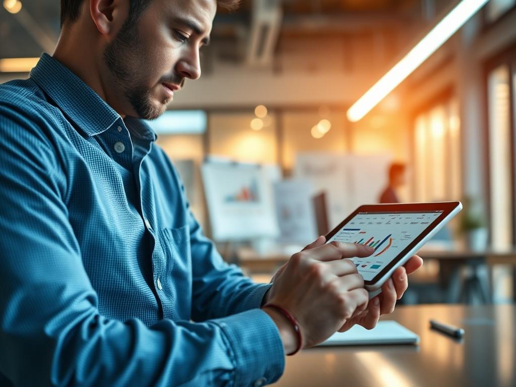 A digital strategist working on a tablet, displaying graphs and flowcharts, in a well-lit modern office, with a focus on strategy and planning imagery.