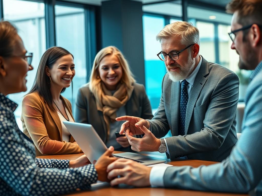 A close-up, hyper-realistic image of a business consultant working with a diverse group of small and medium-sized enterprise (SME) owners in a modern office setting. The consultant is engaged in discussion, pointing at a laptop screen displaying digital transformation analytics. The office background is sleek and professional, filled with natural light. The focus is on the interaction between the consultant and the SME owners, capturing the essence of collaboration and innovation.