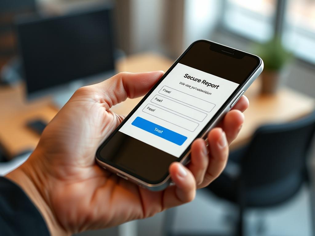A hyper-realistic close-up shot of a hand holding a sleek, modern smartphone displaying a secure online report submission form. The background is softly blurred with a hint of a professional office setting, emphasizing confidentiality and technology. The image is captured with a 45mm f/1.2 lens style, focusing sharply on the phone screen with vibrant colors compatible with rgb(50, 170, 39). The composition is simple and clear, showcasing trust and ease of anonymous digital communication.