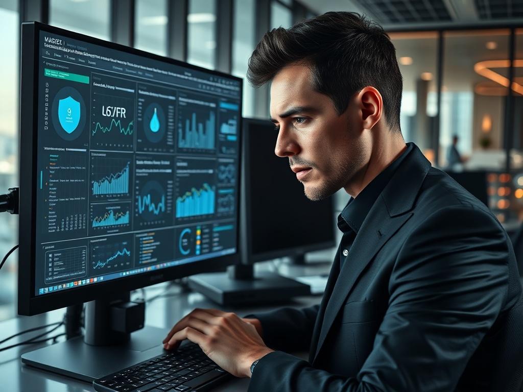A professional cybersecurity consultant reviewing a computer screen filled with security analytics and graphs. The consultant is focused, with a serious expression, wearing a sleek black suit. The background is a modern office environment with high-tech equipment and a large window showing a cityscape. The image is shot in hyper-realistic style with a close-up shot, using a 45mm f/1.2 lens to emphasize the consultant's concentration on the screen.