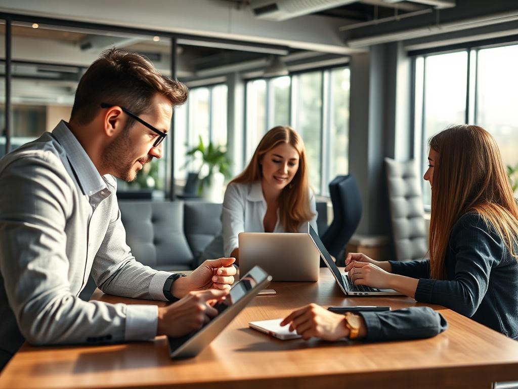 A hyper-realistic close-up shot of a business consultant engaging with clients in a modern office setting. Focus on a diverse group of professionals collaborating around a table, with digital devices like laptops and tablets present. The background features sleek office decor and natural light streaming through large windows. The composition highlights teamwork and innovation, showcasing a vibrant atmosphere conducive to digital transformation.