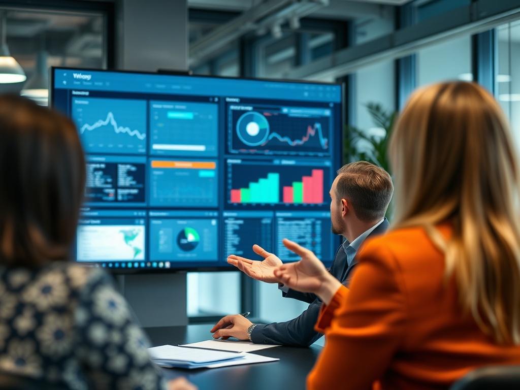 A close-up shot of a consultant providing training to employees on new software, with a large screen displaying the software interface in a modern office.