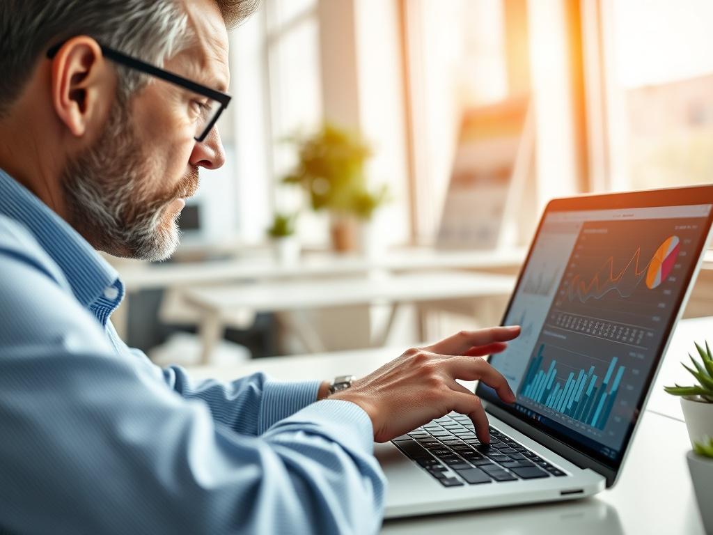 A close-up shot of a consultant analyzing data on a laptop, with graphs and charts displayed on the screen, in a bright office.