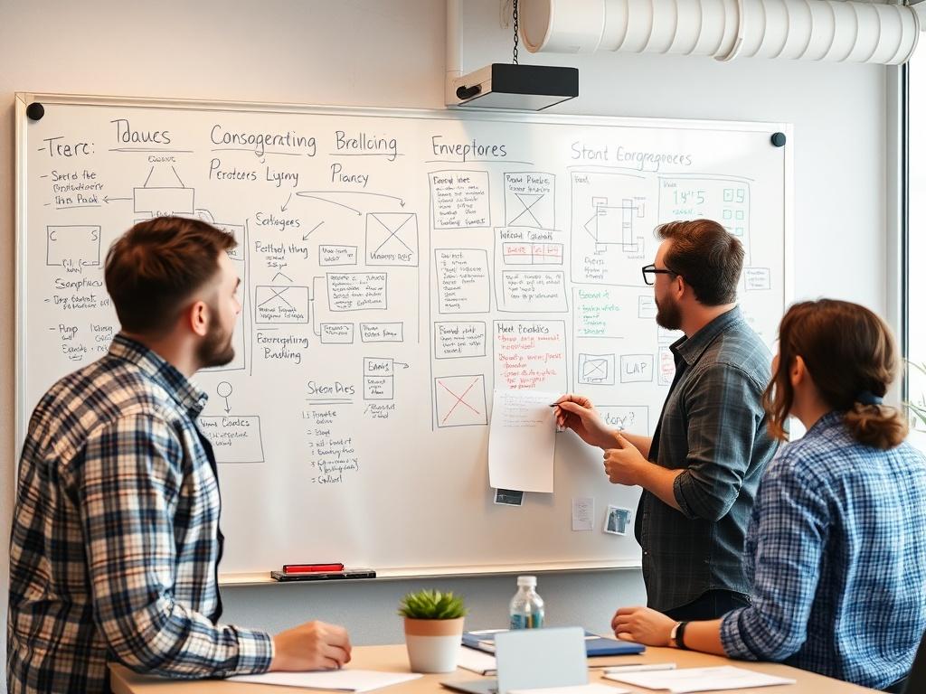 A close-up shot of a team brainstorming on a whiteboard, filled with diagrams and notes, in a collaborative workspace.