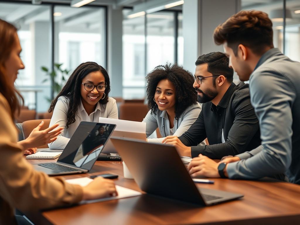 A close-up shot of a diverse group of professionals engaged in a meeting, discussing ideas with laptops and notes on a table, in a modern office setting.