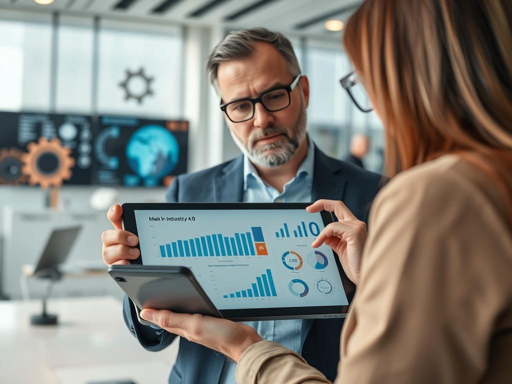 A close-up shot of a professional consultant engaging with a client in a modern office environment. The consultant is showing a digital tablet displaying graphs and data analytics related to Industry 4.0. The background features a sleek, high-tech office with elements like digital screens and gears symbolizing automation and innovation. The lighting is bright and inviting, creating a productive atmosphere.