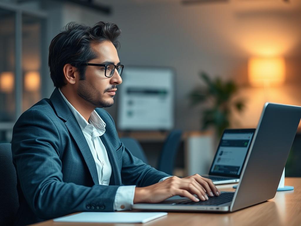 Create a realistic, high-resolution close-up image of a professional person sitting at a desk, looking at a laptop screen displaying a community forum. The background should be softly blurred to emphasize the individual, who is engaged in a discussion. The setting should reflect a modern office environment, with soft lighting enhancing the focus on the person's expressions of concentration and engagement. The color scheme should harmonize with rgb(50, 170, 39) as the primary color.