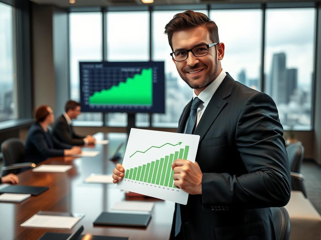 A close-up shot of a business professional in a sharp suit, confidently presenting a growth chart during a board meeting. The background features a modern office setting with large windows showing a city skyline, symbolizing success and ambition. The focus is on the professional's expression of determination and enthusiasm, with the growth chart prominently displayed on a screen in the background. The color scheme includes vibrant greens to represent growth, prosperity, and innovation.