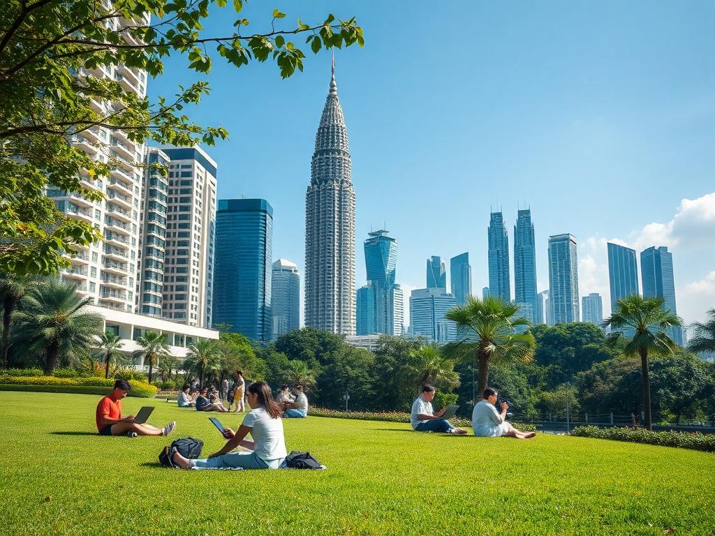 A scenic view of Malaysia's skyline featuring modern buildings, lush greenery, and people working on laptops in a park. The scene should convey a sense of community, productivity, and relaxation, with clear blue skies and vibrant colors. The image should focus on the harmonious blend of nature and urban life, showcasing Malaysia as a welcoming destination for digital nomads.