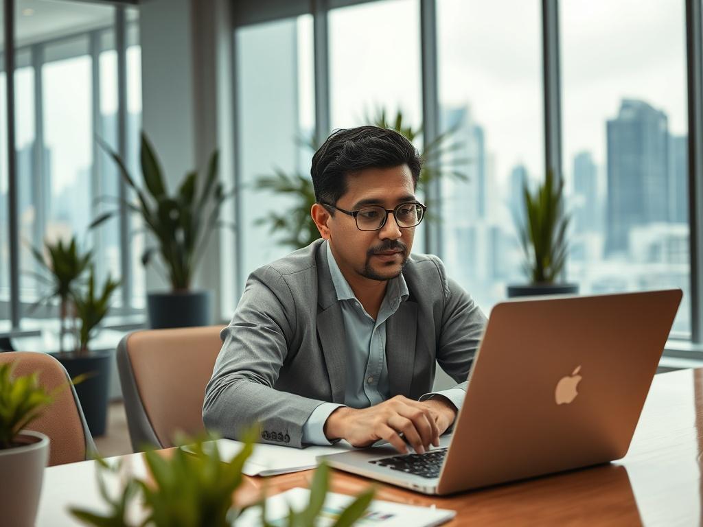 A close-up shot of a professional consultant analyzing data on a laptop in a modern office setting. The consultant, a middle-aged South Asian man, is focused on the screen with charts and graphs displayed. The background features a sleek, minimalistic office design with a few plants and a large window showing the cityscape of Kuala Lumpur. The image is warm and inviting, emphasizing productivity and strategic planning.