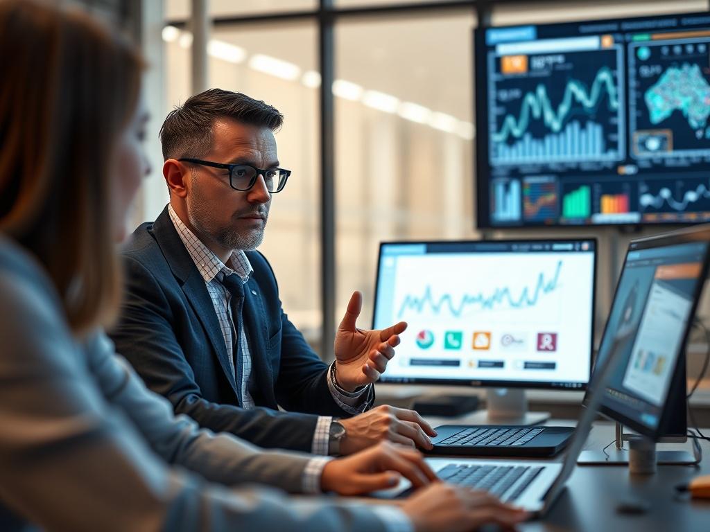 A high-resolution close-up shot of a digital workspace featuring a professional consultant discussing Multi-Agent AI solutions with a client. The setting should be modern and sleek, with technology-focused elements like laptops, AI graphs on screens, and digital interfaces in the background. The consultant should appear engaged and knowledgeable, showcasing a collaborative atmosphere. The image should be shot with a 45mm f/1.2 lens style, emphasizing clarity and detail.