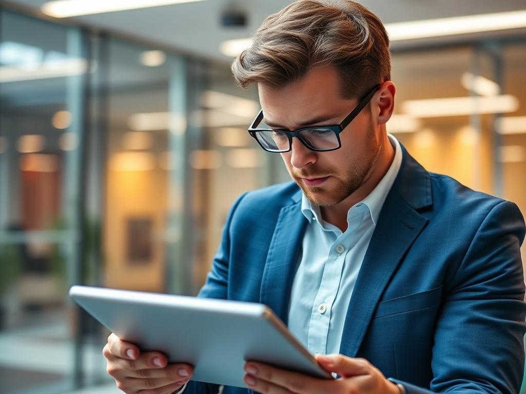 A close-up shot of a business consultant analyzing data on a digital tablet in a modern office environment. The consultant is focused, showcasing a sense of determination and clarity. The background is blurred, emphasizing the consultant and the tablet displaying vibrant data visualizations. The color scheme incorporates the primary color rgb(50, 170, 39), creating an energetic and innovative atmosphere.