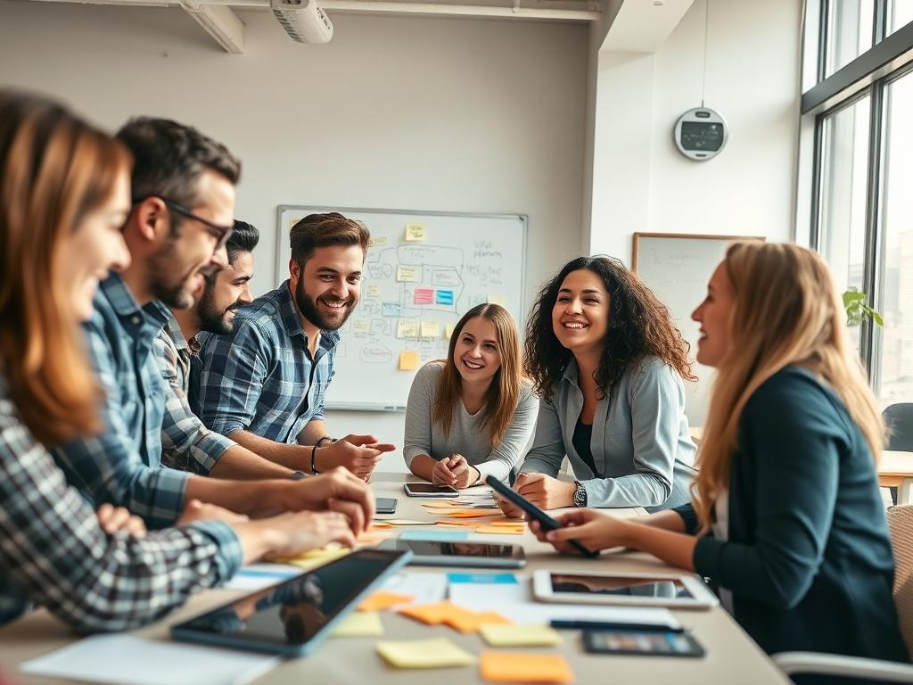 A close-up shot of a diverse group of professionals engaged in a dynamic brainstorming session during a Startup Factory Program Boot Camp. The setting is modern and collaborative, with a whiteboard filled with ideas, colorful sticky notes, and digital devices on the table. The individuals are animatedly discussing innovative concepts, showcasing determination and creativity. The background features a bright, open workspace with natural light streaming in, creating an inspiring atmosphere.