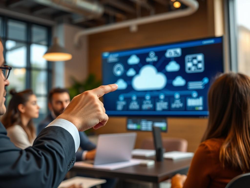 A close-up shot of a professional consultant discussing cloud migration strategies with a business team in a modern office setting. The focus is on the consultant's hands pointing at cloud computing graphics on a digital screen, showcasing cloud icons and migration processes. The background is softly blurred to emphasize the subject, with a warm, inviting atmosphere and natural light.