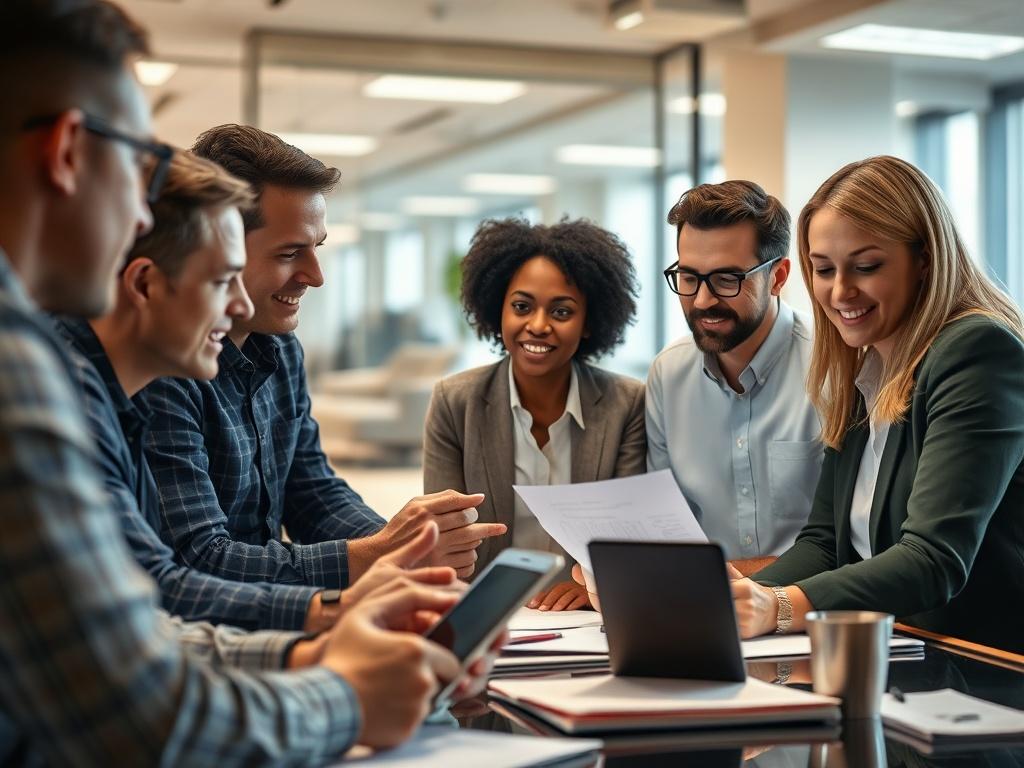 A close-up shot of a diverse team of technology consultants engaged in a brainstorming session, surrounded by digital devices and project materials. The focus is on their collaborative efforts and innovative ideas. The background is a modern office space with soft lighting, emphasizing a professional yet creative atmosphere.