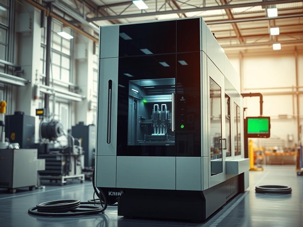 Create a realistic high-resolution photo that encapsulates the theme of "Legacy Factory Digital Transformation." The composition should feature a single subject: a modern, high-tech machine or piece of equipment, ideally situated in a bright and spacious factory environment. The machine should have sleek design elements and advanced technology features, showcasing innovation and modernity.

In the background, include subtle hints of a traditional factory setting, such as older machinery or equipment, to hig