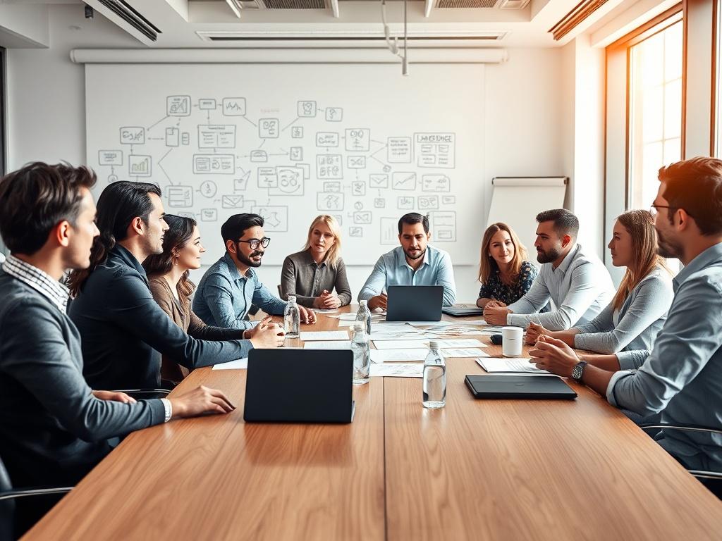 A modern office space with a sleek design, featuring a large conference table surrounded by diverse professionals engaged in a brainstorming session. The background should include a whiteboard filled with innovative ideas and diagrams. The lighting is bright and inviting, creating an atmosphere of creativity and collaboration. The image should capture the essence of teamwork and innovation in a startup environment.