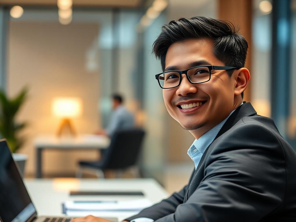 A close-up shot of a professional-looking individual, Biden Ramlee, in a modern office setting. He is smiling confidently, wearing smart business attire, and sitting at a sleek desk with a laptop and some documents. The background is softly blurred to emphasize his facial expression, and the image has a warm, inviting atmosphere, capturing the essence of successful business consulting.