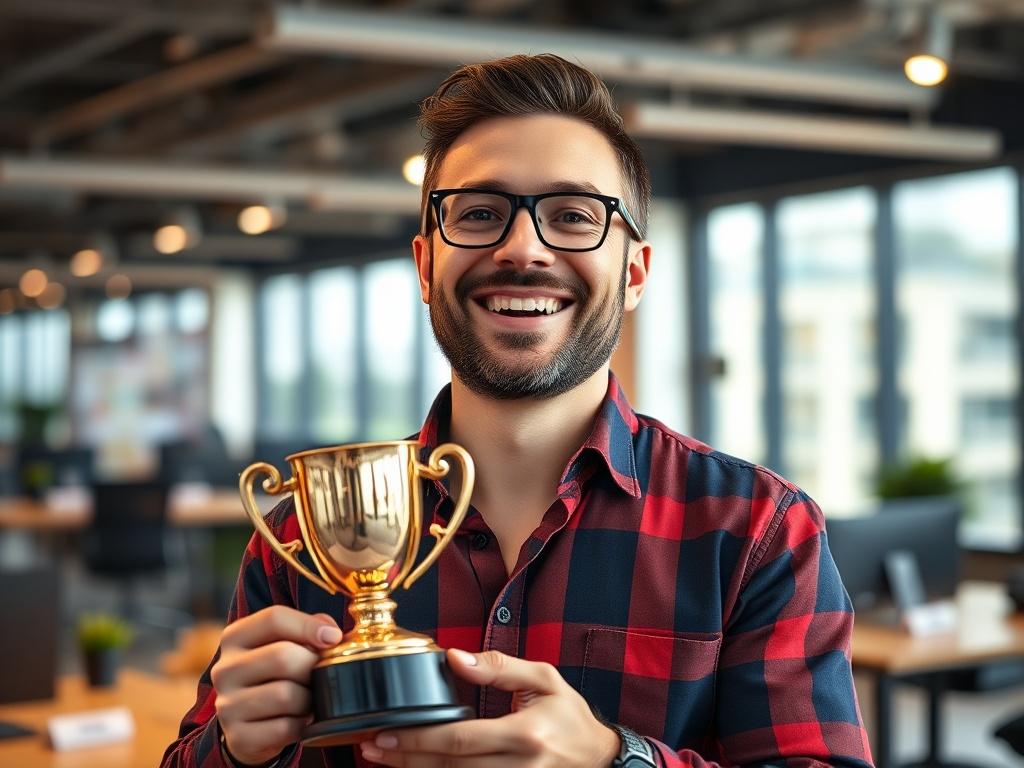 A close-up shot of a happy small business owner in a modern office setting, showcasing their excitement about their success. The background should be blurred to emphasize the subject, with vibrant colors reflecting a sense of achievement. The lighting should be warm and inviting, highlighting the owner's joyful expression as they hold a trophy symbolizing their affiliate success.