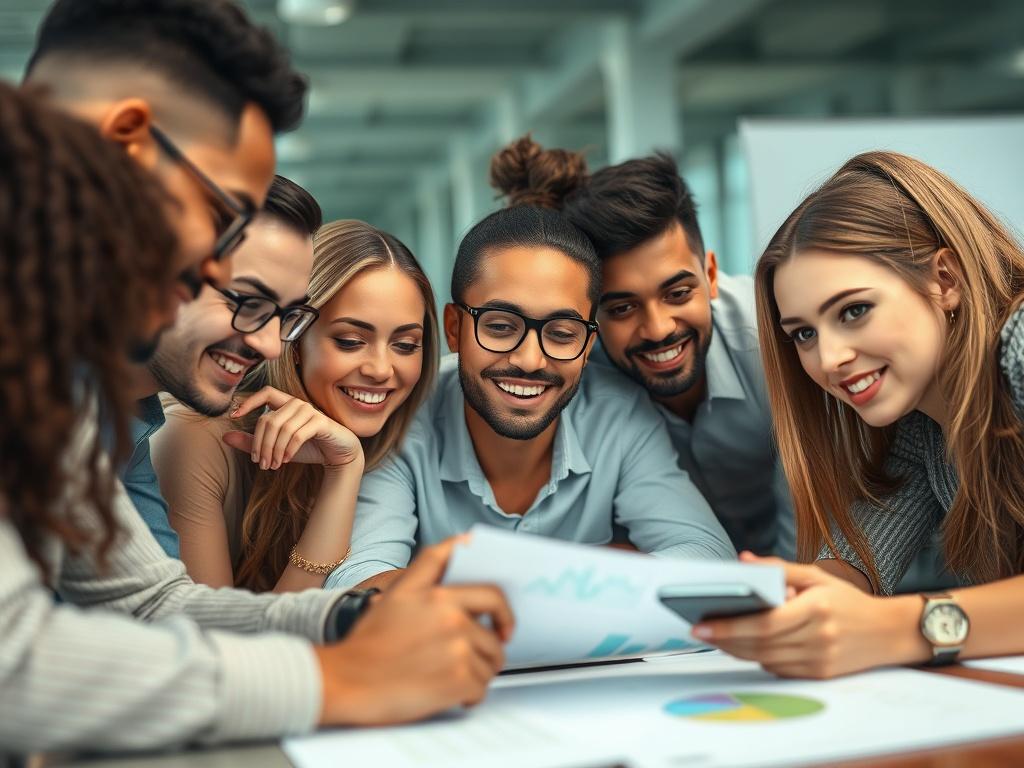 A close-up shot of a diverse group of entrepreneurs engaged in a brainstorming session, surrounded by digital devices and charts. The focus should be on their collaborative efforts with expressions of determination and excitement. The background should be softly blurred, emphasizing their interaction and the dynamic atmosphere of innovation. The color scheme should incorporate shades of green, aligned with the primary color rgb(50, 170, 39).