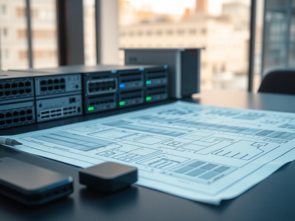 Create a hyper-realistic close-up shot of a modern IT infrastructure design plan. The image should feature a high-resolution blueprint or schematic layout on a sleek desk, accompanied by advanced technological devices like servers and network switches. The background should be softly blurred to keep the focus on the design elements, with a color palette that subtly incorporates rgb(50, 170, 39). The overall composition should convey a sense of innovation and professionalism.