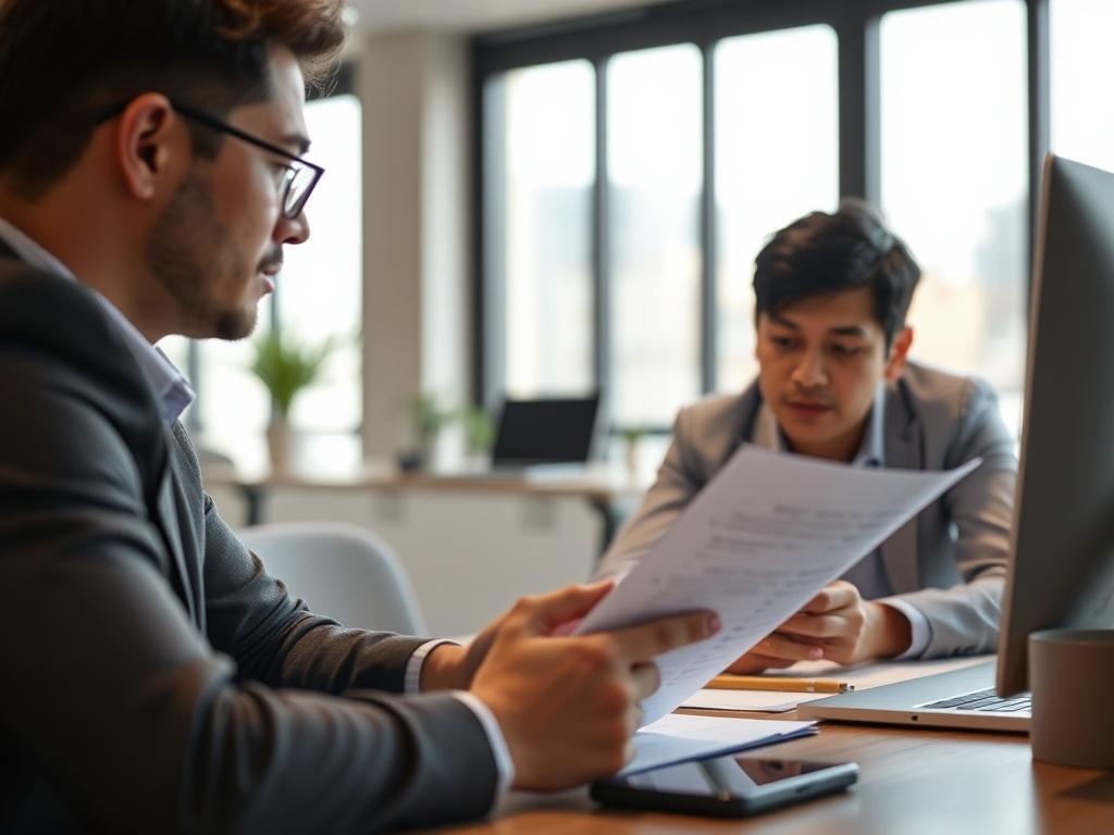 A close-up shot of a business consultant reviewing loan application documents with a client. The setting is a modern office with a clean desk, natural lighting, and a focus on the interaction between the consultant and the client. The consultant is a middle-aged Asian woman, wearing a professional outfit, while the client is a young man looking engaged and interested. The background is softly blurred, emphasizing the documents and the thoughtful expressions.