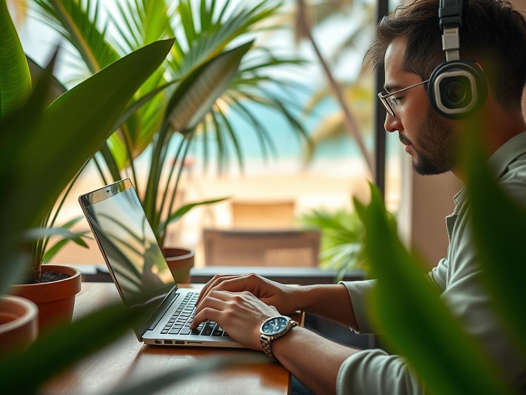 A close-up shot of a digital nomad working on a laptop in a vibrant café, surrounded by tropical plants and a view of a beach through the window. The scene is bright, showcasing the essence of freedom and adventure. The subject is focused and engaged in work, embodying the spirit of a successful international digital nomad.