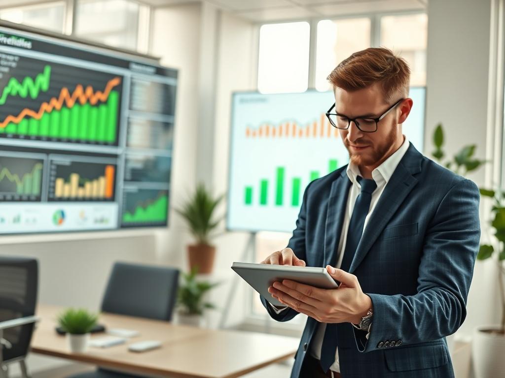 A close-up shot of a business consultant reviewing project metrics on a tablet in a modern office setting. The consultant is focused, wearing professional attire, and surrounded by charts and graphs displayed on a screen in the background. The office has a clean and professional look, filled with natural light, showcasing a productive work environment. The primary color theme is green, reflecting the brand's identity.