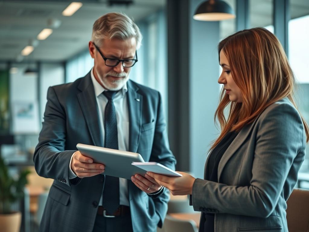 A close-up shot of a business consultant engaged in a discussion with a client in a modern office setting. The consultant is pointing at a digital tablet displaying analytics, while the client takes notes. The background is softly blurred, emphasizing the interaction. The color scheme includes hints of green to align with the primary color theme, creating a professional and inviting atmosphere.