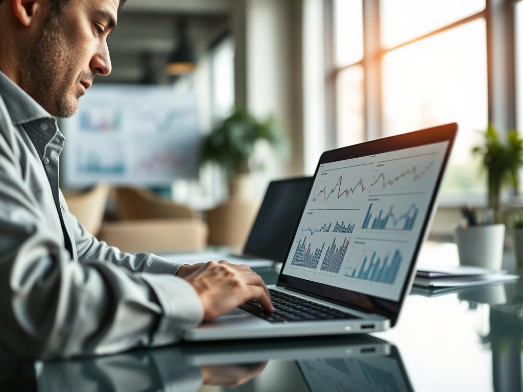 A close-up shot of a professional financial analyst working on a laptop, surrounded by charts and graphs, analyzing financial data. The background should be a modern office setting with soft lighting, emphasizing a sense of focus and professionalism. The color palette should include shades compatible with rgb(50, 170, 39), creating a cohesive and inviting atmosphere.