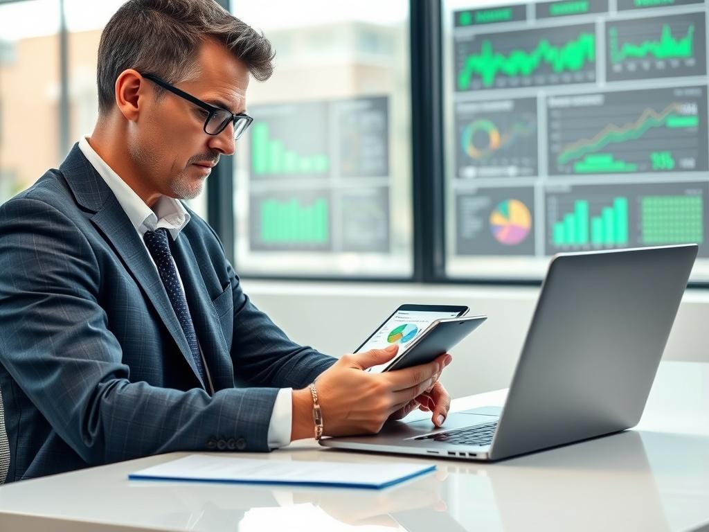 A close-up shot of a business consultant sitting at a modern desk, deeply engaged in a digital strategy discussion with a client. The consultant is analyzing data on a tablet, with a sleek laptop and digital charts displayed in the background. The setting is bright and professional, emphasizing a digital-first approach. The image should be hyper-realistic, focusing on the consultant's expression of insight and determination, with a color palette that includes shades of green, particularly rgb(50, 170, 39).