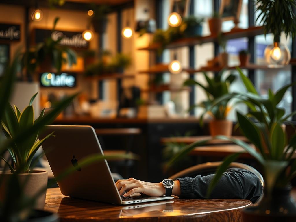 A close-up shot of a digital nomad working on a laptop in a cozy local café, surrounded by plants and warm lighting, conveying a comfortable and inviting atmosphere. The focus is on the individual, with a slight blur on the background, showcasing the café's ambiance without distractions.