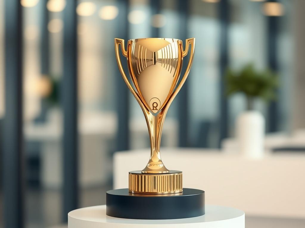 A sleek, modern trophy representing excellence in innovation. The trophy should have an elegant design with a shiny gold finish and a unique shape that symbolizes creativity and forward-thinking. Display it on a minimalistic pedestal with a blurred background that suggests a professional environment, embodying the spirit of startup consulting. The setting should be well-lit, highlighting the trophy's reflective surfaces.