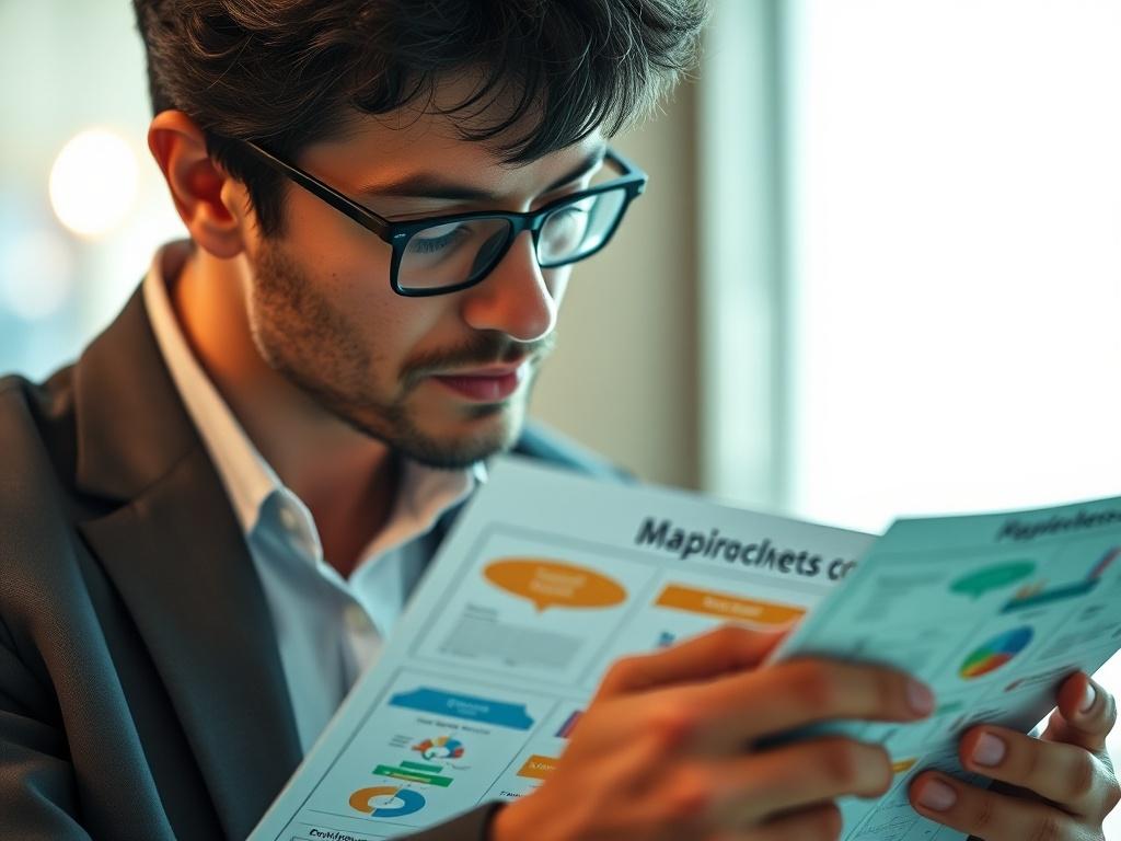 A hyper-realistic close-up shot of a professional consultant analyzing a detailed process mapping document, featuring colorful flowcharts and diagrams. The background is softly blurred to emphasize the document and the consultant's focused expression. The lighting is bright and inviting, creating a warm atmosphere. The primary color of the image is a vibrant green (rgb(50, 170, 39)).