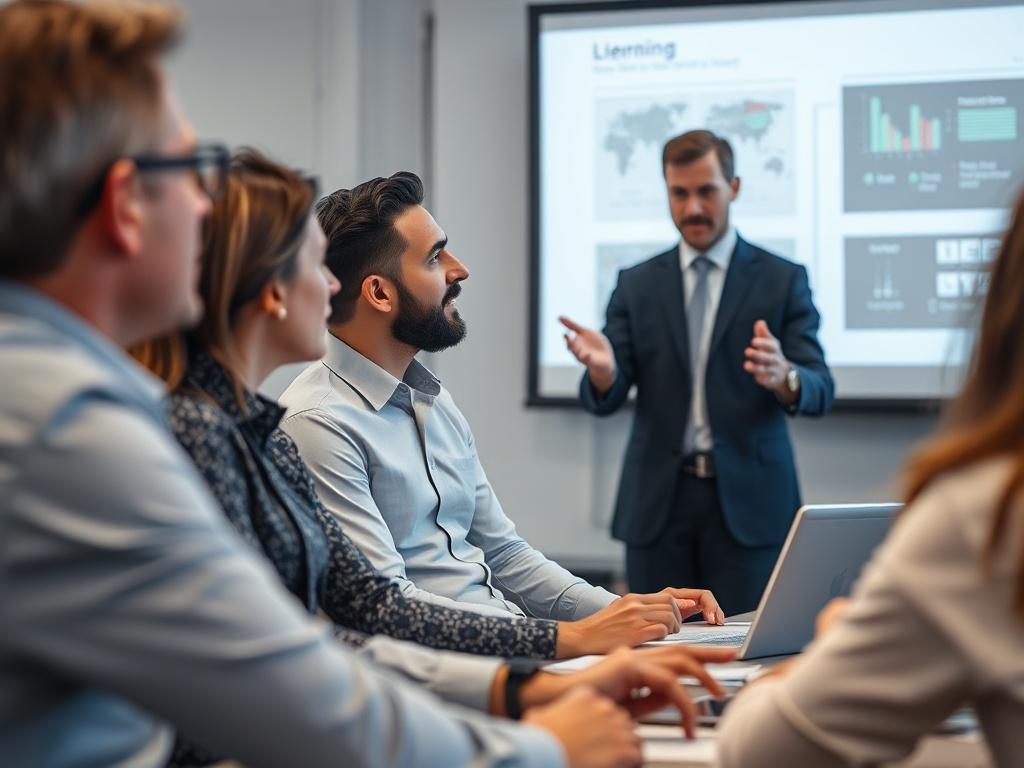 A consultant guiding a group of employees during a training session, using a projector to display information. The atmosphere is engaging and interactive, with participants asking questions.